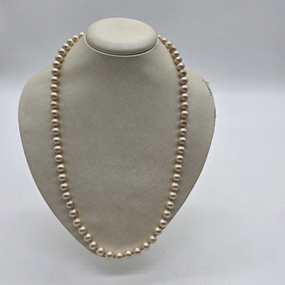 Vintage Marvella Faux Pearl Necklace with Rhinestone Clasp – 24” Classic Strand